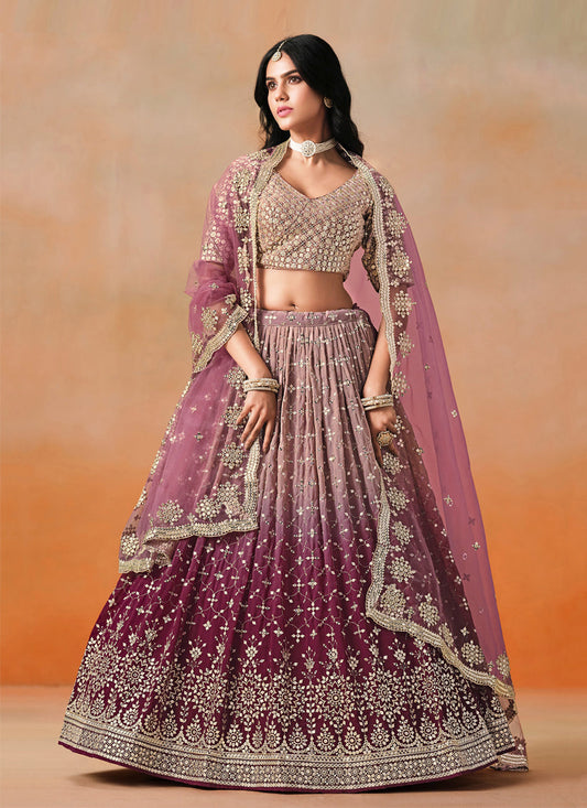 Ombre Maroon Georgette Sequins Embroidered Lehenga Choli