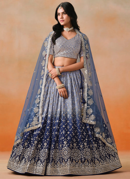 Ombre Blue Georgette Sequins Embroidered Lehenga Choli