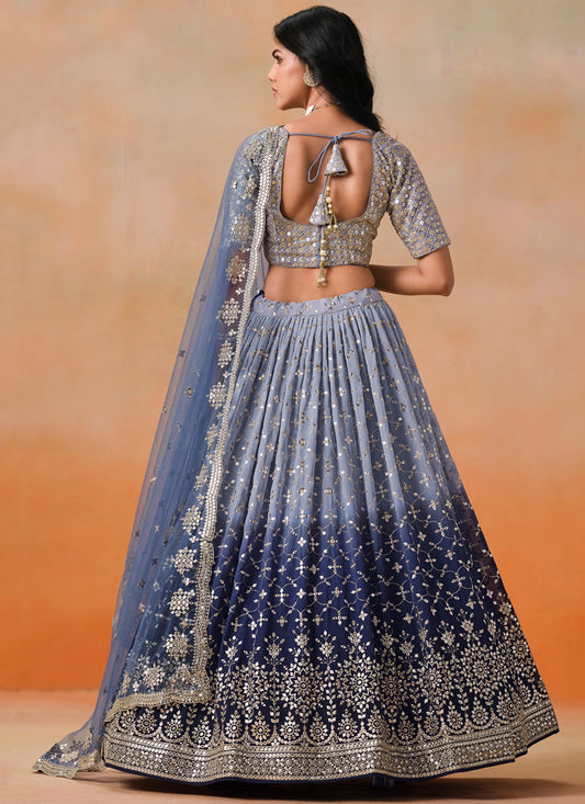Ombre Blue Georgette Sequins Embroidered Lehenga Choli