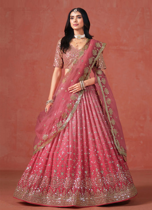 Ombre Pink Georgette Sequins Embroidered Lehenga Choli