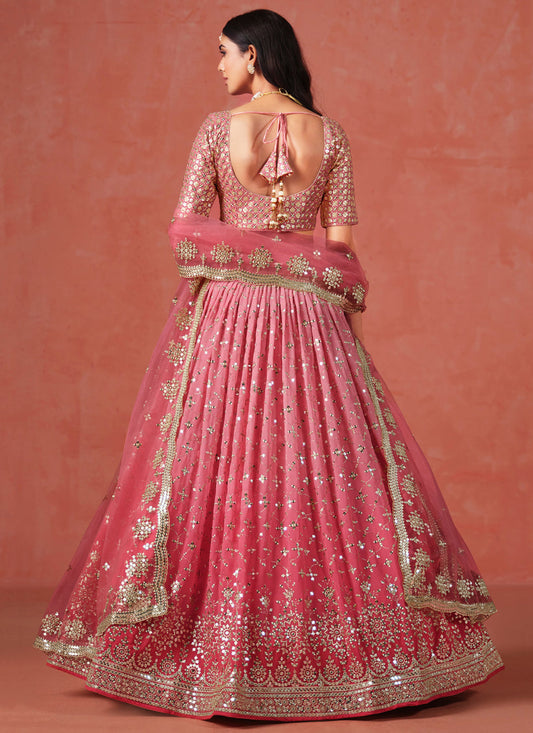 Ombre Pink Georgette Sequins Embroidered Lehenga Choli