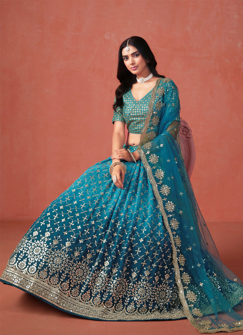 Ombre Morpich Georgette Sequins Embroidered Lehenga Choli