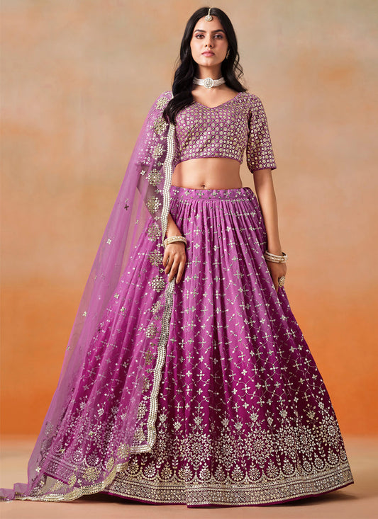 Ombre Magenta Georgette Sequins Embroidered Lehenga Choli