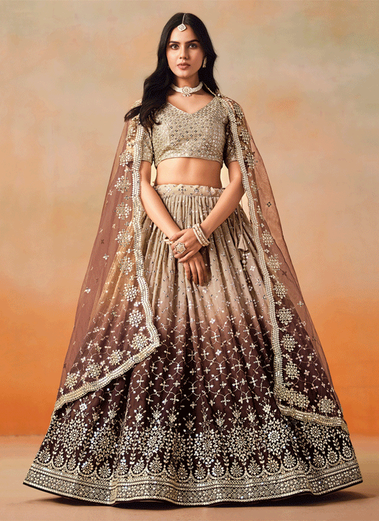 Ombre Brown Georgette Sequins Embroidered Lehenga Choli