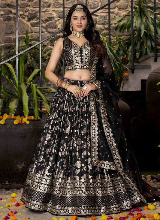 Striking Black Zari Dola Silk Jacquard Embroidered Wedding Lehenga Choli Set