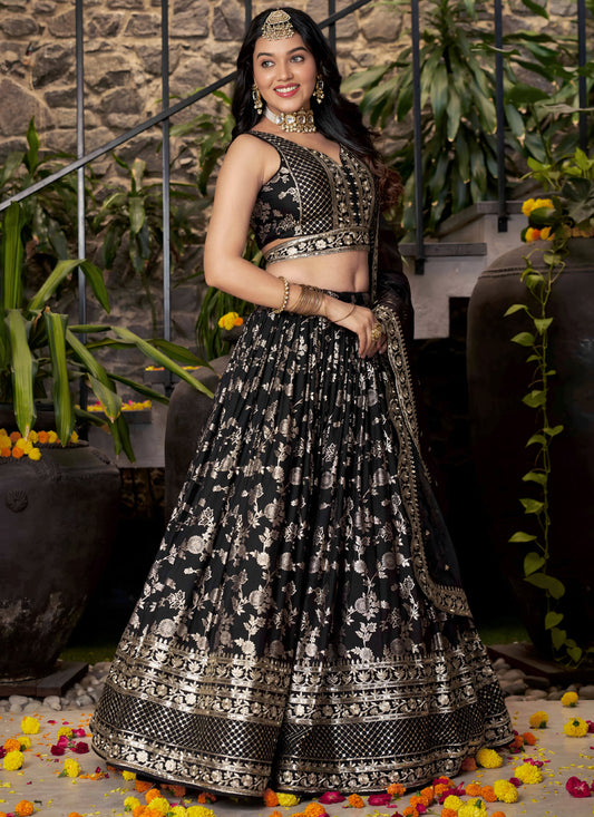 Striking Black Zari Dola Silk Jacquard Embroidered Wedding Lehenga Choli Set