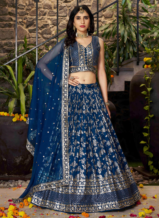 Vibrant Peacock Blue Zari Dola Silk Jacquard Embroidered Wedding Lehenga Choli Set