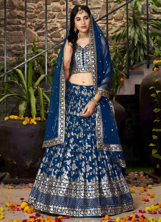 Vibrant Peacock Blue Zari Dola Silk Jacquard Embroidered Wedding Lehenga Choli Set
