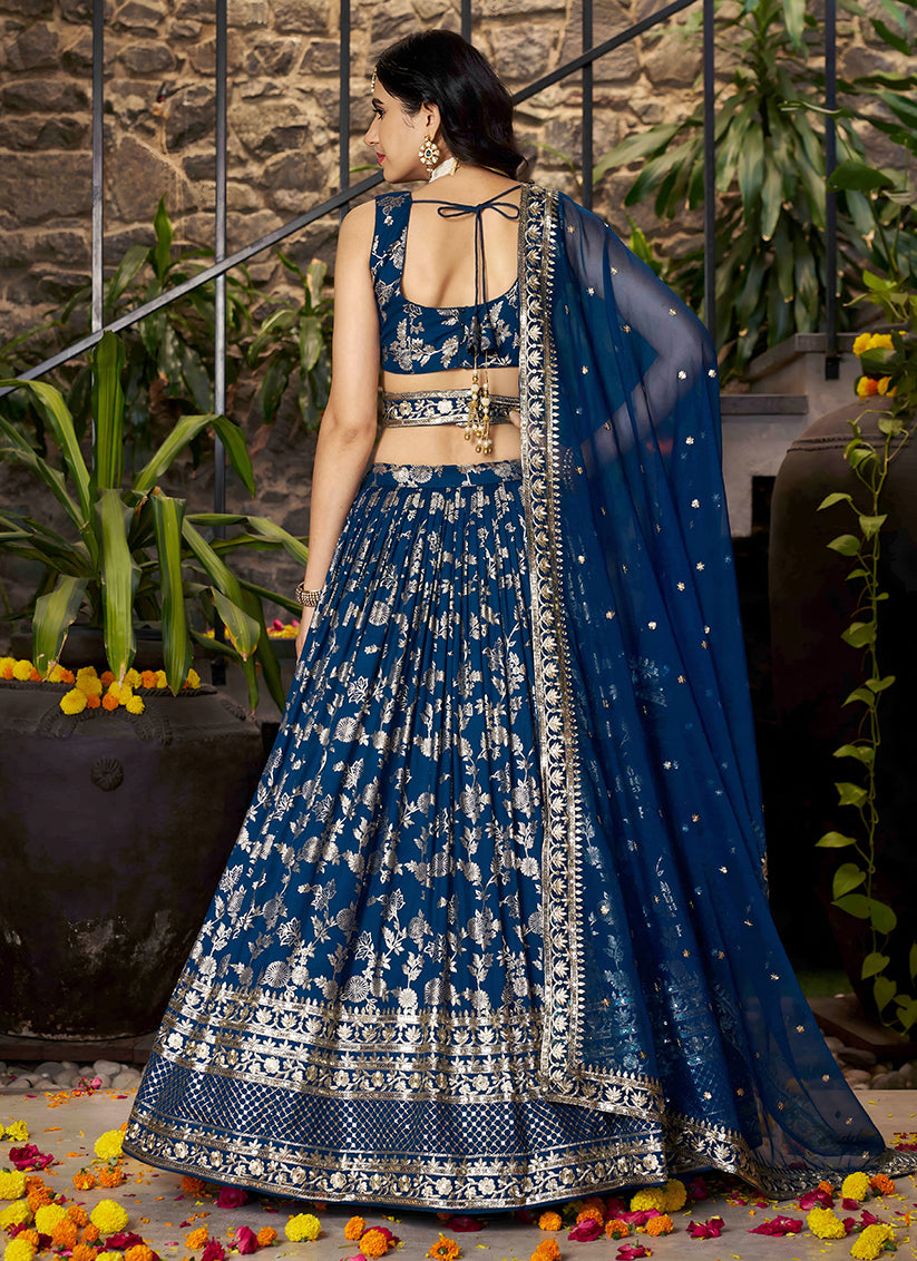 Vibrant Peacock Blue Zari Dola Silk Jacquard Embroidered Wedding Lehenga Choli Set