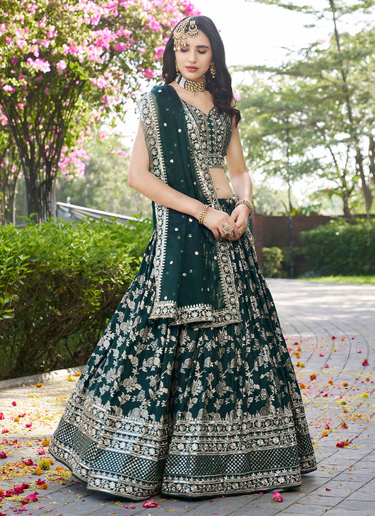 Sleek Pine Green Zari Dola Silk Jacquard Embroidered Wedding Lehenga Choli Set