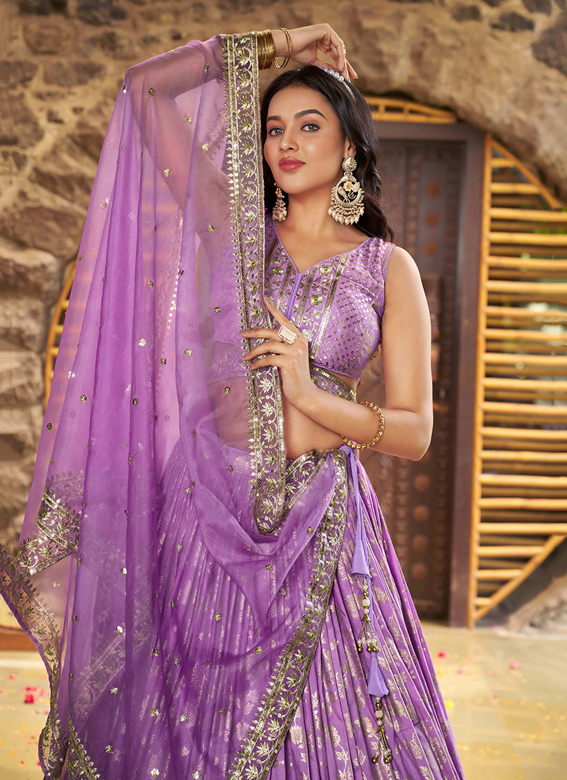 Opulent Lavender Zari Dola Silk Jacquard Embroidered Wedding Lehenga Choli Set