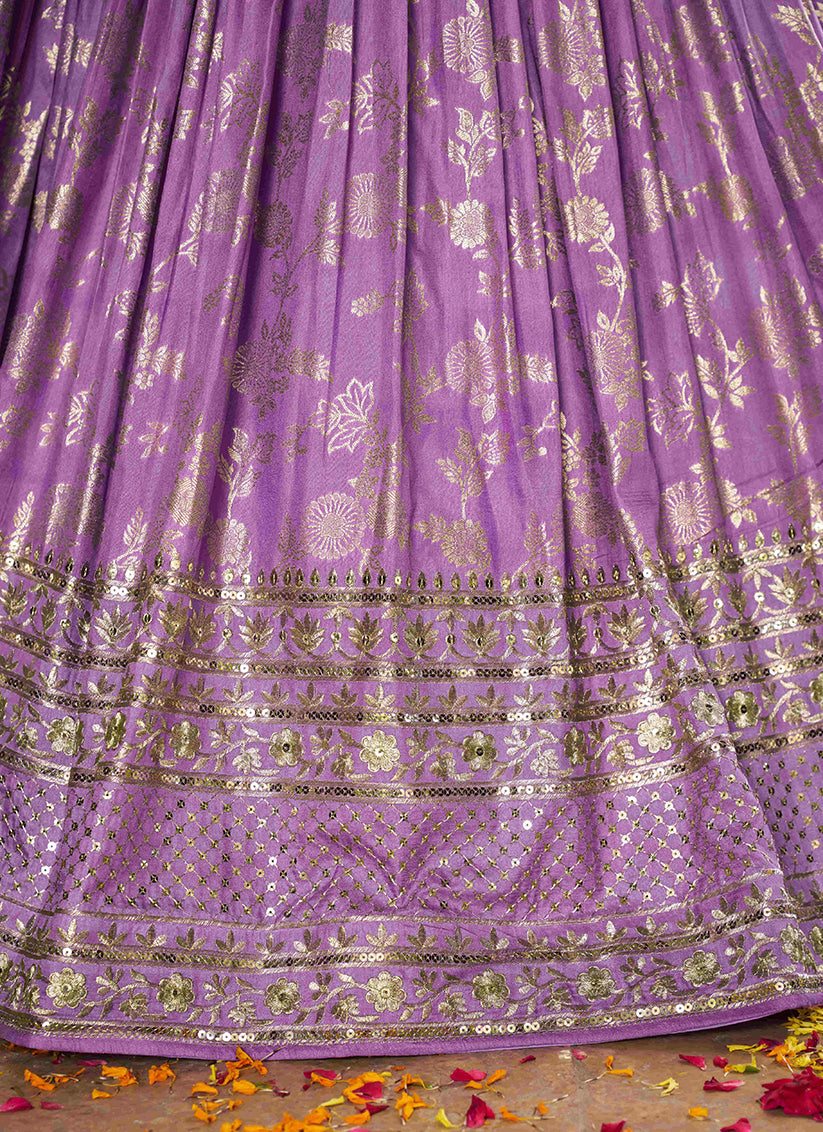 Opulent Lavender Zari Dola Silk Jacquard Embroidered Wedding Lehenga Choli Set