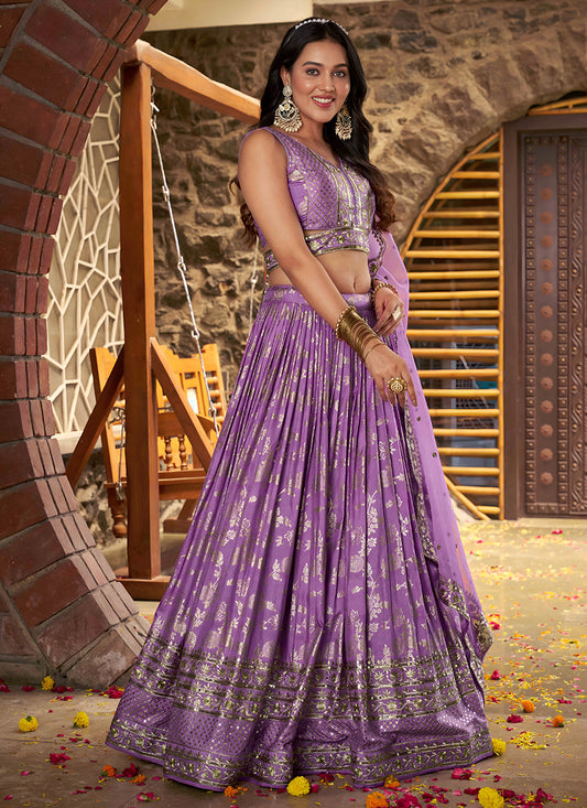 Opulent Lavender Zari Dola Silk Jacquard Embroidered Wedding Lehenga Choli Set