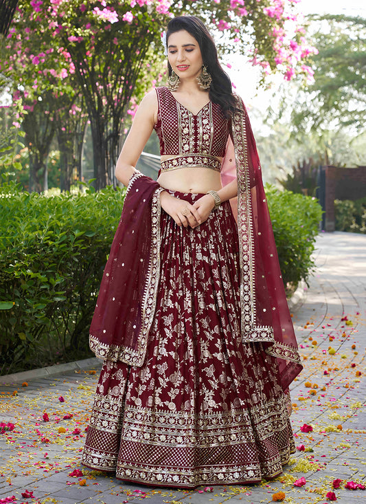 Fashionable Maroon Zari Dola Silk Jacquard Embroidered Wedding Lehenga Choli Set