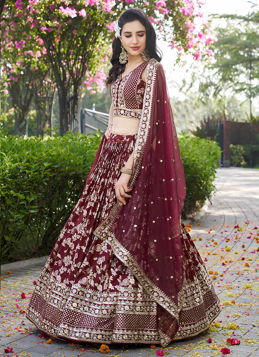 Fashionable Maroon Zari Dola Silk Jacquard Embroidered Wedding Lehenga Choli Set
