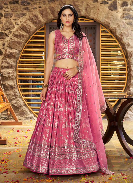 Dashing Salmon Pink Zari Dola Silk Jacquard Embroidered Wedding Lehenga Choli Set