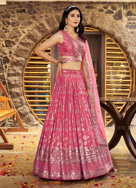 Dashing Salmon Pink Zari Dola Silk Jacquard Embroidered Wedding Lehenga Choli Set