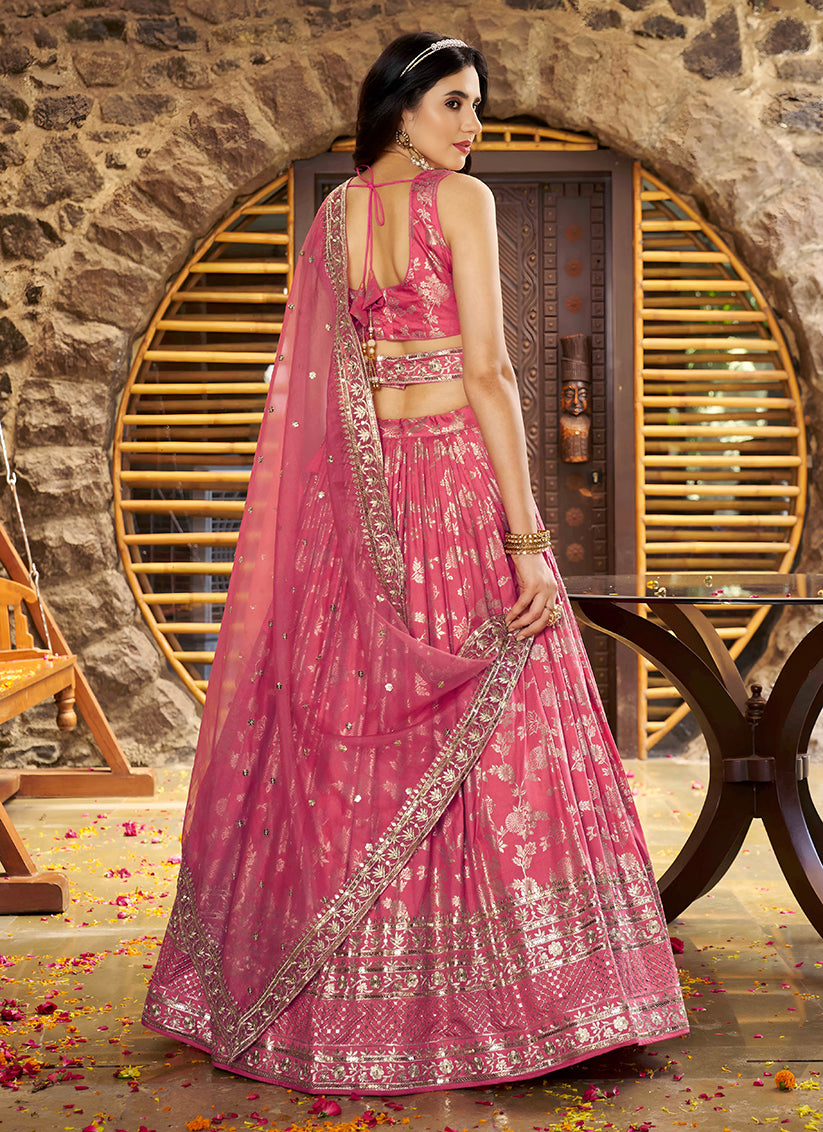 Dashing Salmon Pink Zari Dola Silk Jacquard Embroidered Wedding Lehenga Choli Set