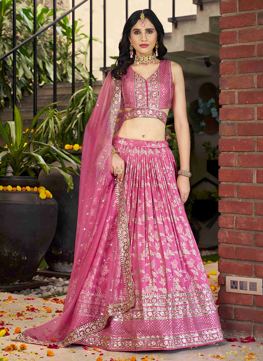 Voguish Cherry Pink Zari Dola Silk Jacquard Embroidered Wedding Lehenga Choli Set