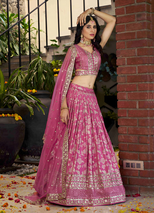 Voguish Cherry Pink Zari Dola Silk Jacquard Embroidered Wedding Lehenga Choli Set