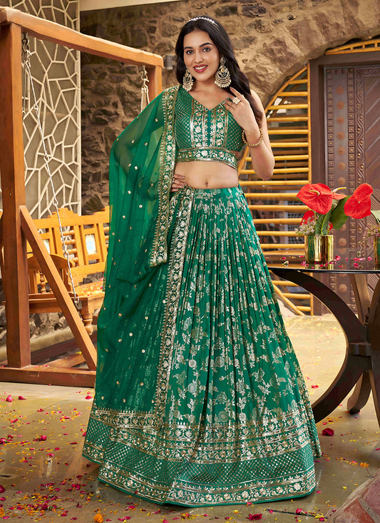 Trendsetting Rama Green Zari Dola Silk Jacquard Embroidered Wedding Lehenga Choli Set