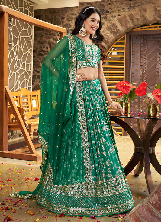 Trendsetting Rama Green Zari Dola Silk Jacquard Embroidered Wedding Lehenga Choli Set