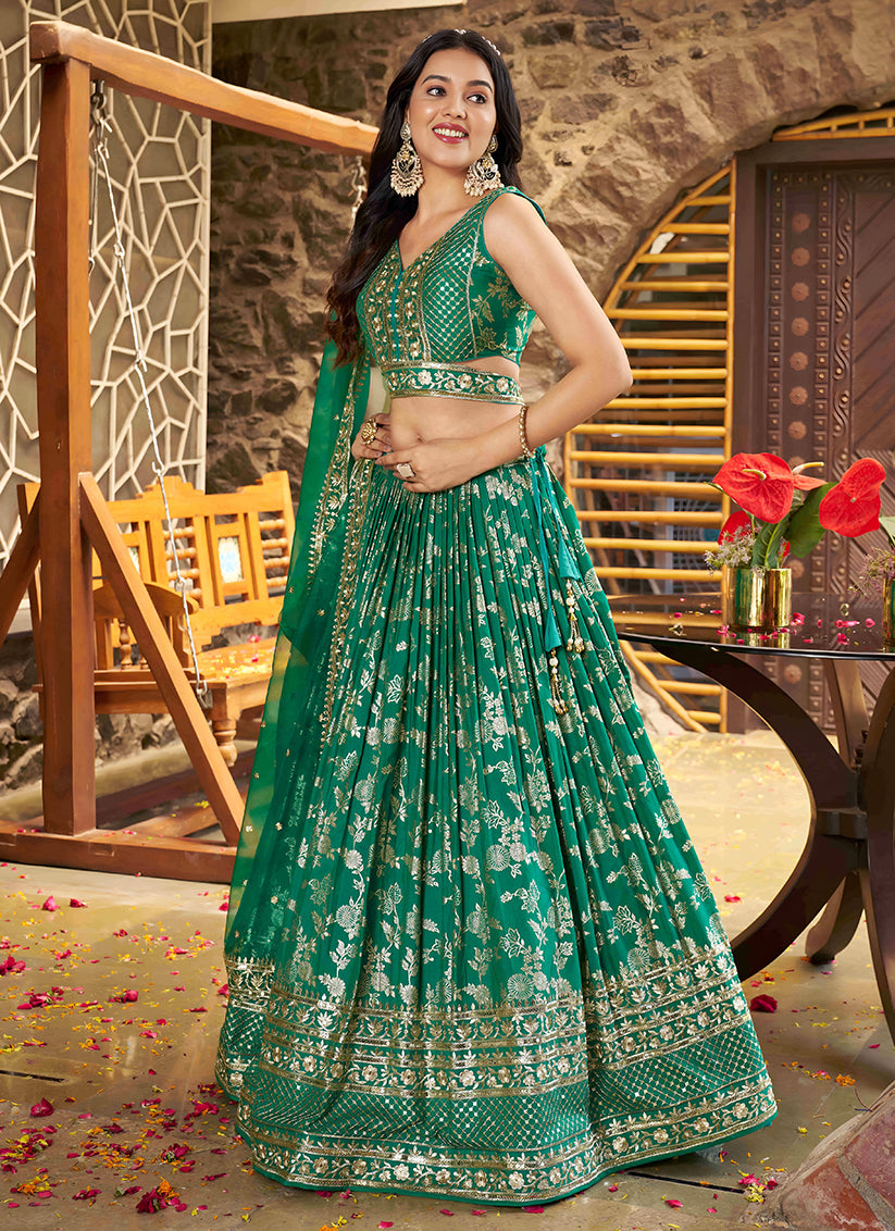Trendsetting Rama Green Zari Dola Silk Jacquard Embroidered Wedding Lehenga Choli Set