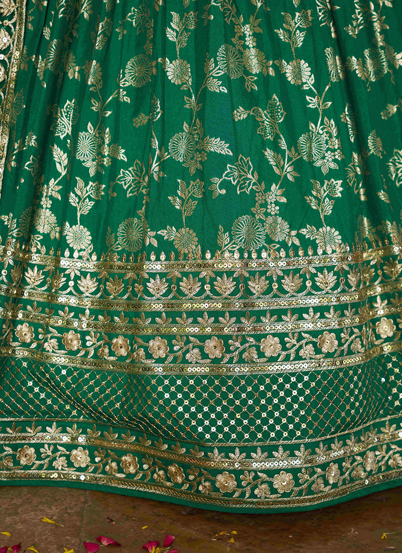 Trendsetting Rama Green Zari Dola Silk Jacquard Embroidered Wedding Lehenga Choli Set
