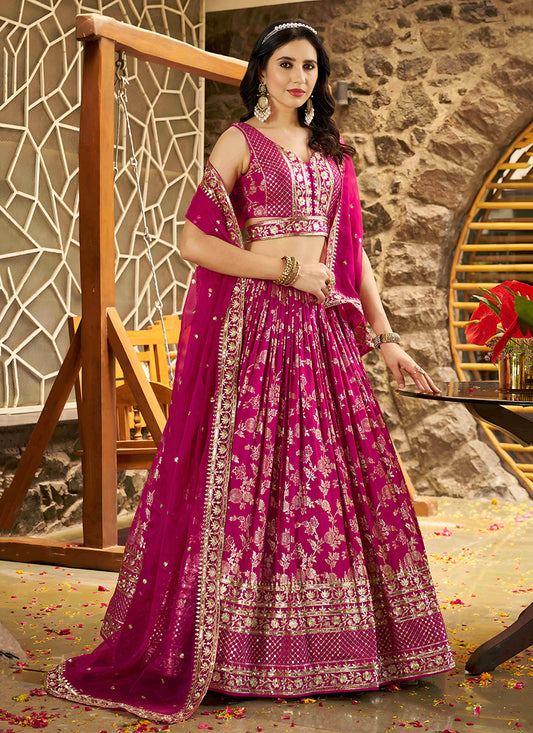 Immaculate Rani Pink Zari Dola Silk Jacquard Embroidered Wedding Lehenga Choli Set
