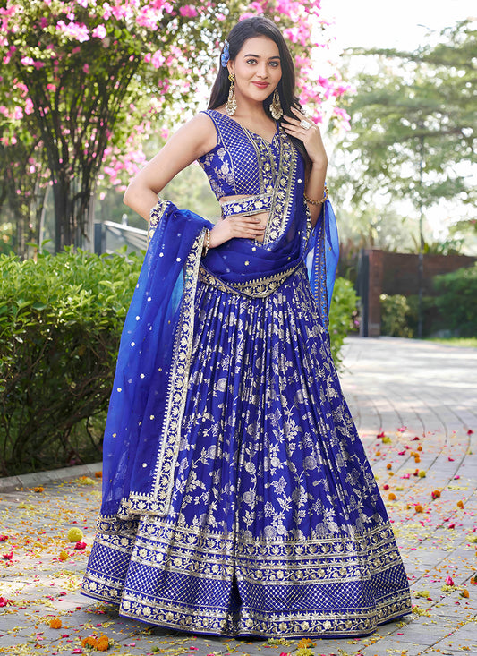 Beautiful Royal Blue Zari Dola Silk Jacquard Embroidered Wedding Lehenga Choli Set