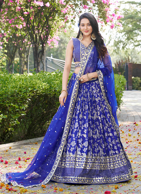 Beautiful Royal Blue Zari Dola Silk Jacquard Embroidered Wedding Lehenga Choli Set