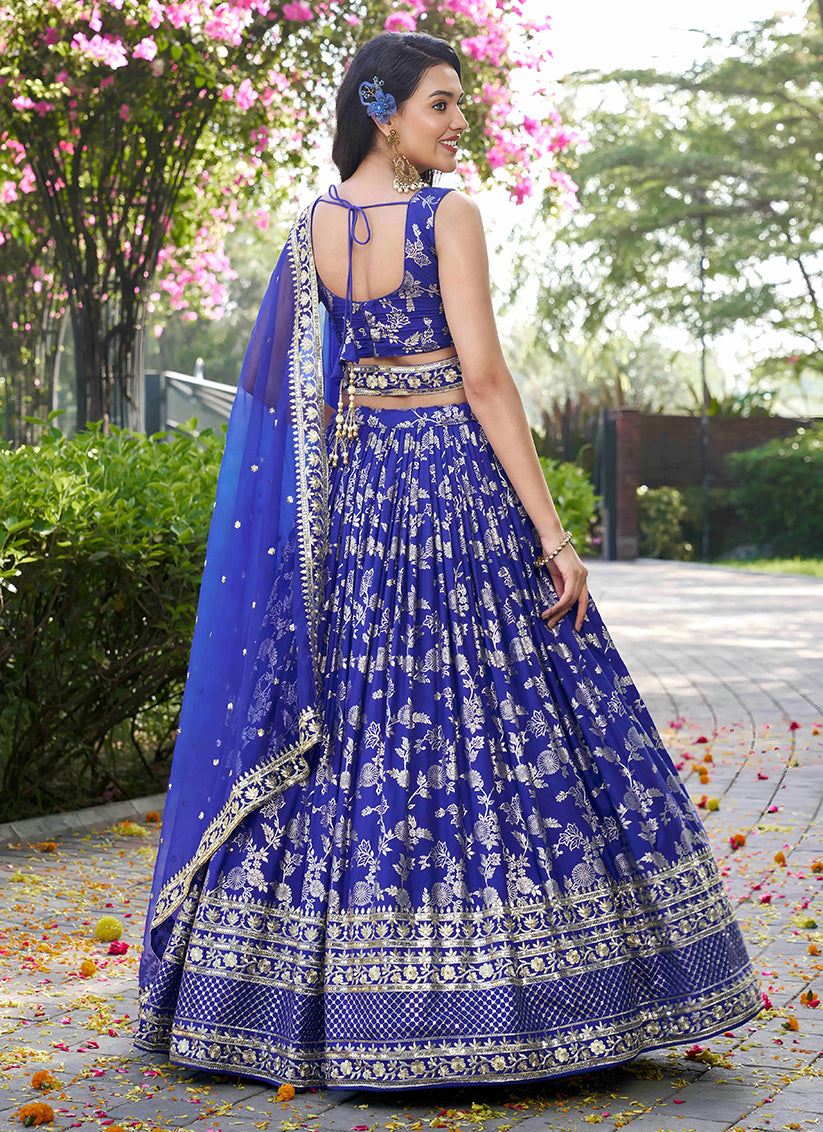 Beautiful Royal Blue Zari Dola Silk Jacquard Embroidered Wedding Lehenga Choli Set