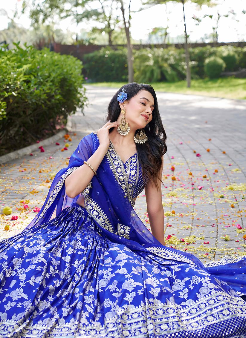 Beautiful Royal Blue Zari Dola Silk Jacquard Embroidered Wedding Lehenga Choli Set