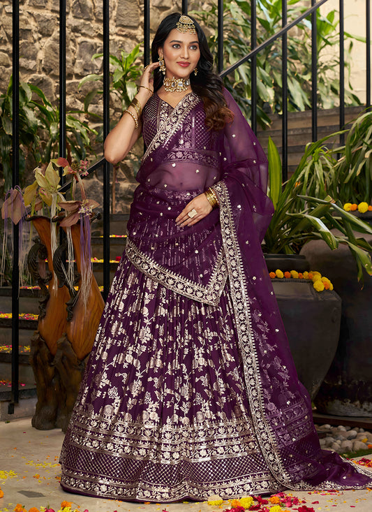 Charming Burgundy Zari Dola Silk Jacquard Embroidered Wedding Lehenga Choli Set