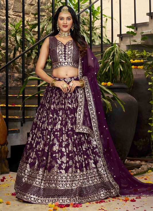 Charming Burgundy Zari Dola Silk Jacquard Embroidered Wedding Lehenga Choli Set