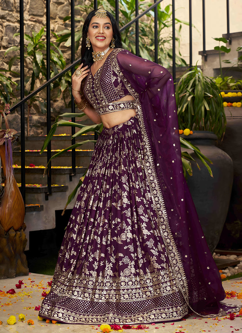 Charming Burgundy Zari Dola Silk Jacquard Embroidered Wedding Lehenga Choli Set