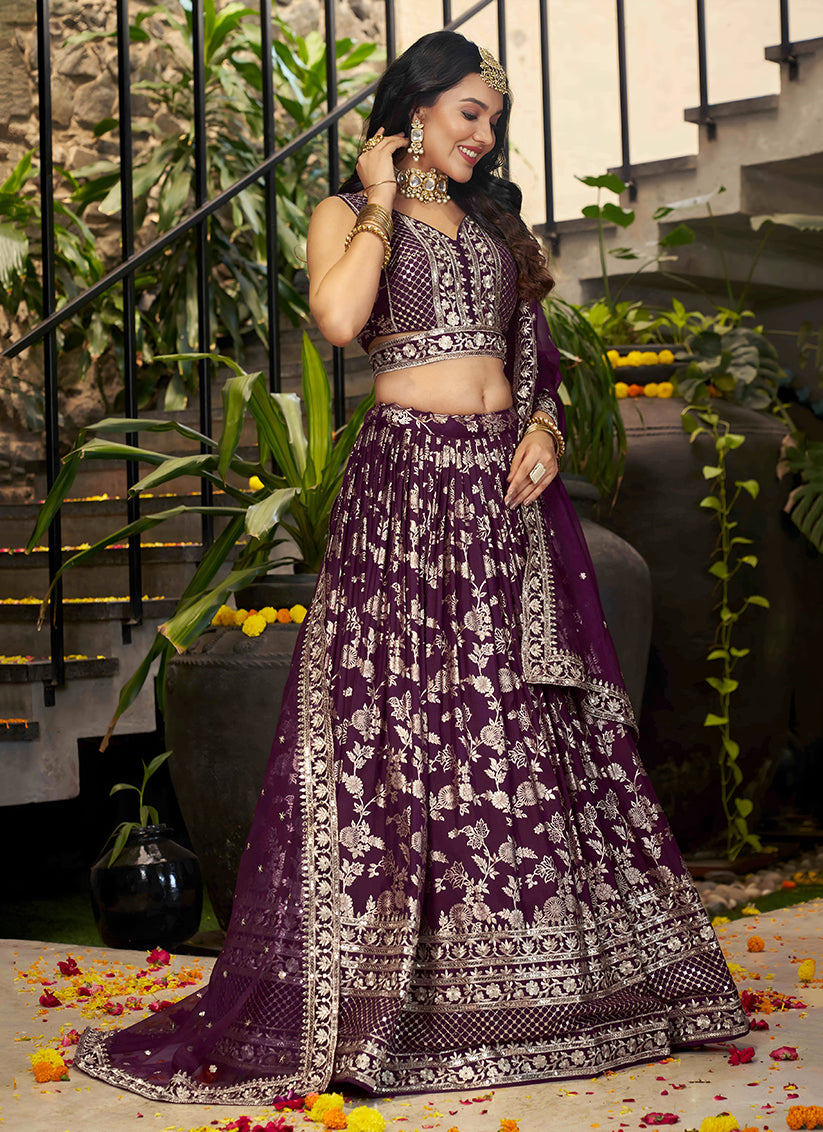 Charming Burgundy Zari Dola Silk Jacquard Embroidered Wedding Lehenga Choli Set