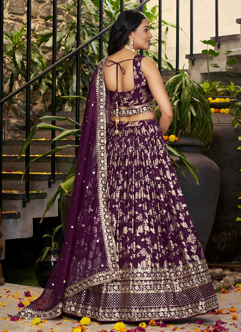 Charming Burgundy Zari Dola Silk Jacquard Embroidered Wedding Lehenga Choli Set