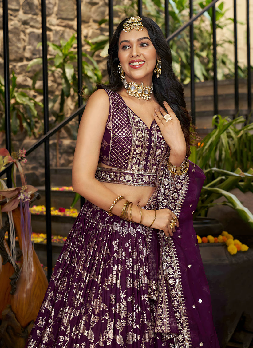 Charming Burgundy Zari Dola Silk Jacquard Embroidered Wedding Lehenga Choli Set