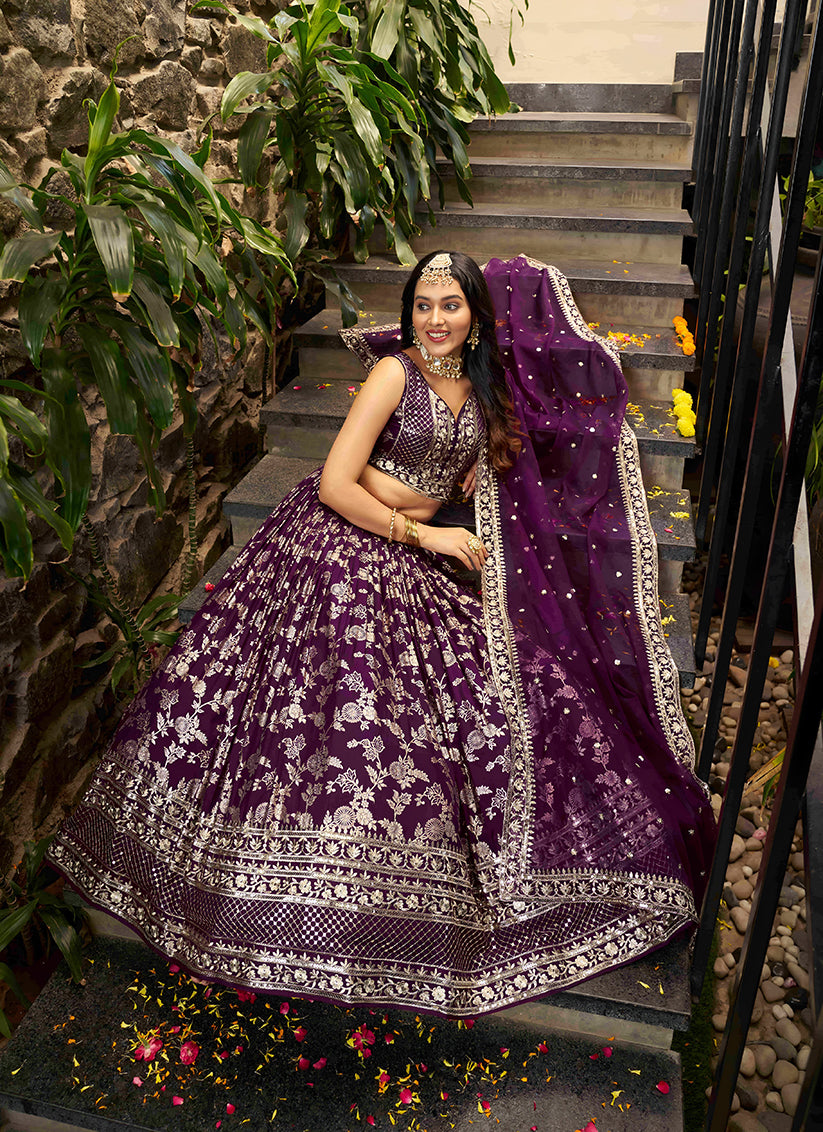 Charming Burgundy Zari Dola Silk Jacquard Embroidered Wedding Lehenga Choli Set