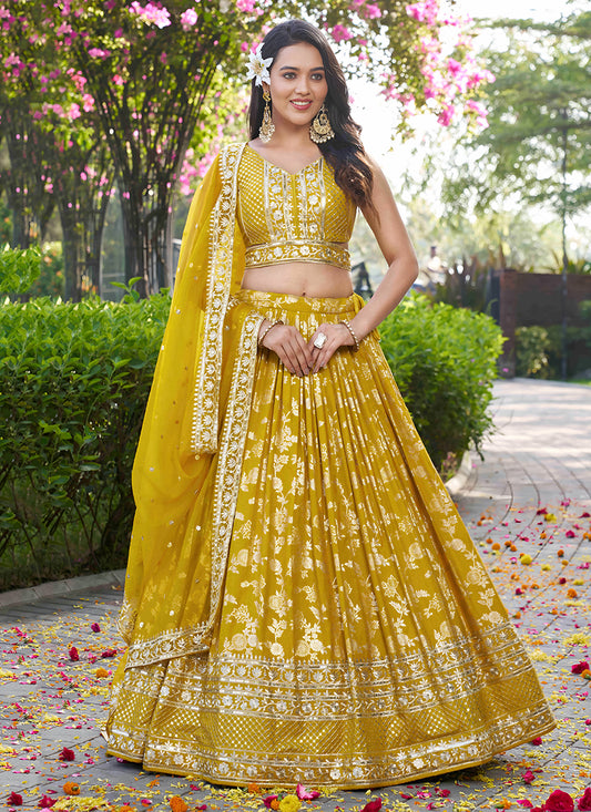 Attractive Maize Yellow Zari Dola Silk Jacquard Embroidered Wedding Lehenga Choli Set