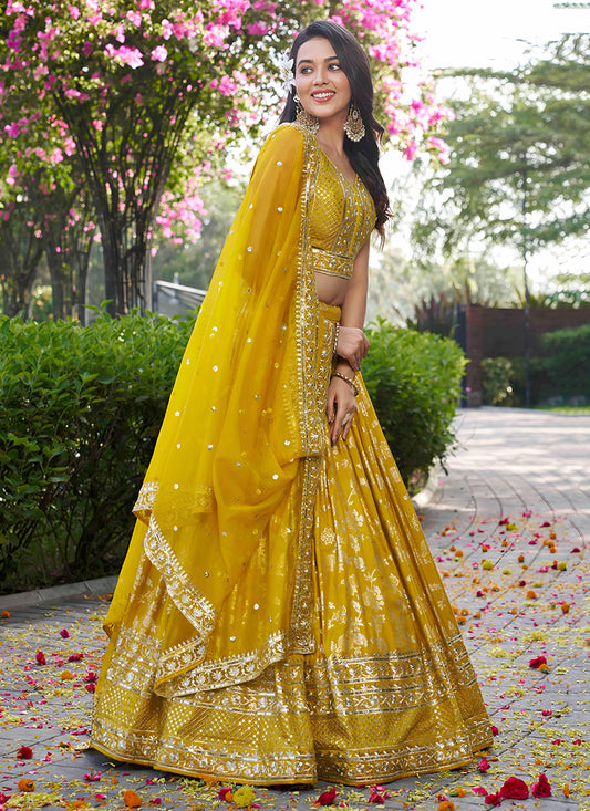 Attractive Maize Yellow Zari Dola Silk Jacquard Embroidered Wedding Lehenga Choli Set
