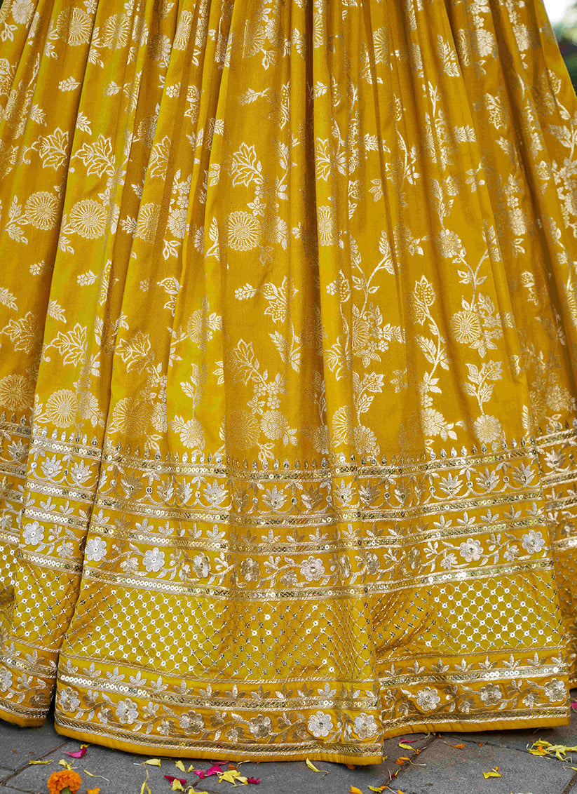 Attractive Maize Yellow Zari Dola Silk Jacquard Embroidered Wedding Lehenga Choli Set