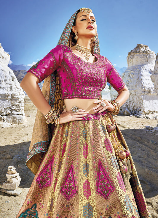 Beige Wedding Wear Banarasi Silk Jacquard Lehenga Choli Set