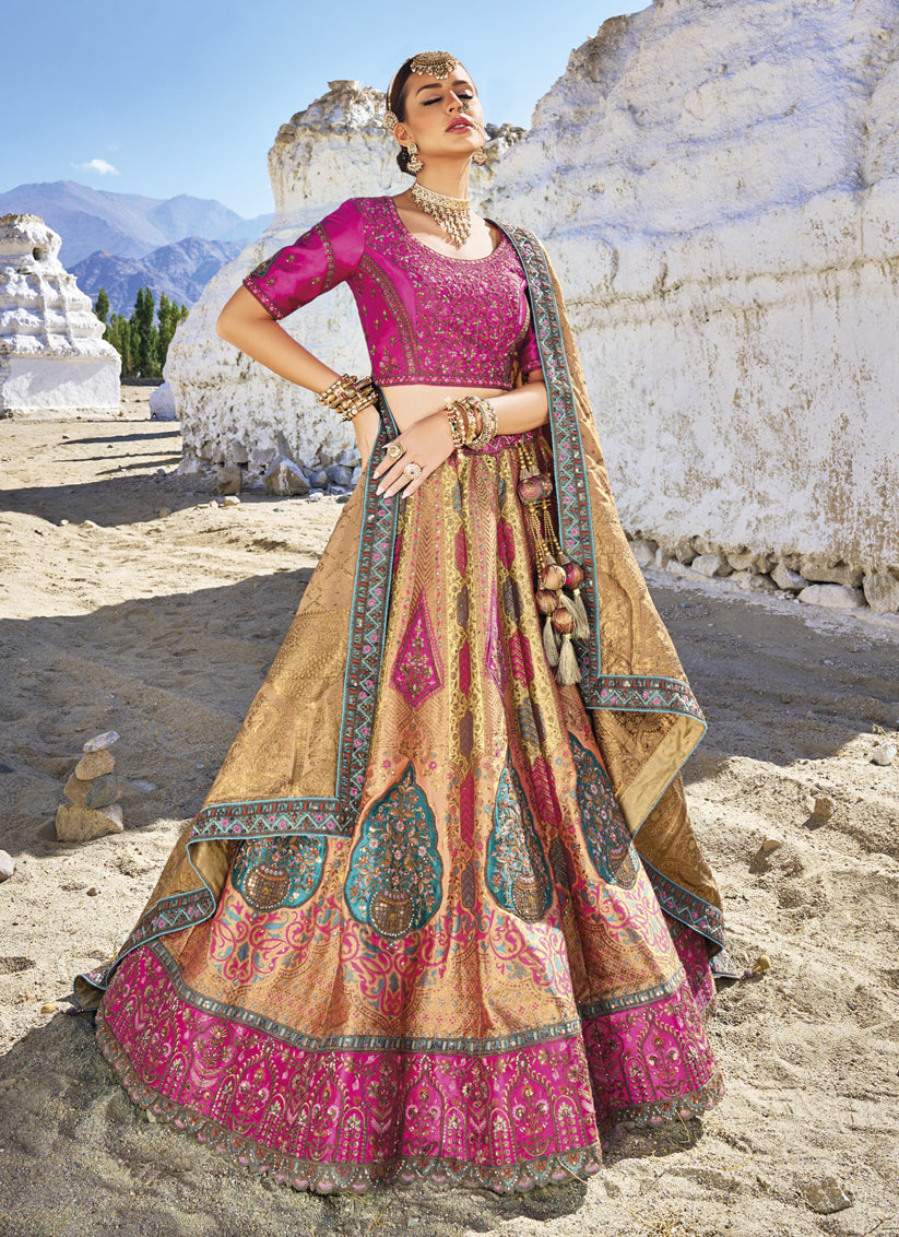 Beige Wedding Wear Banarasi Silk Jacquard Lehenga Choli Set