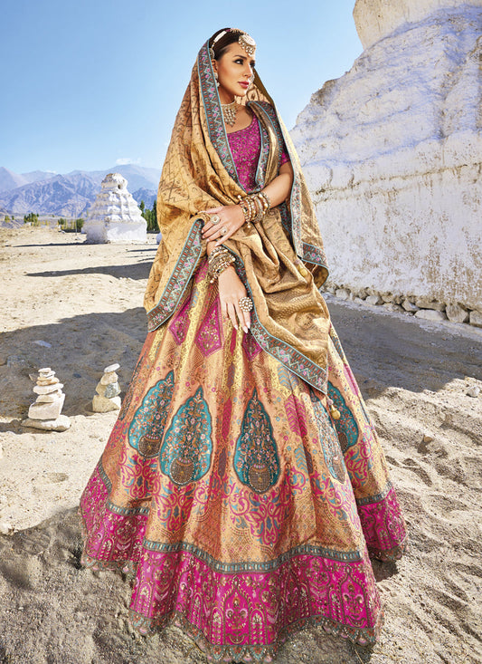 Beige Wedding Wear Banarasi Silk Jacquard Lehenga Choli Set