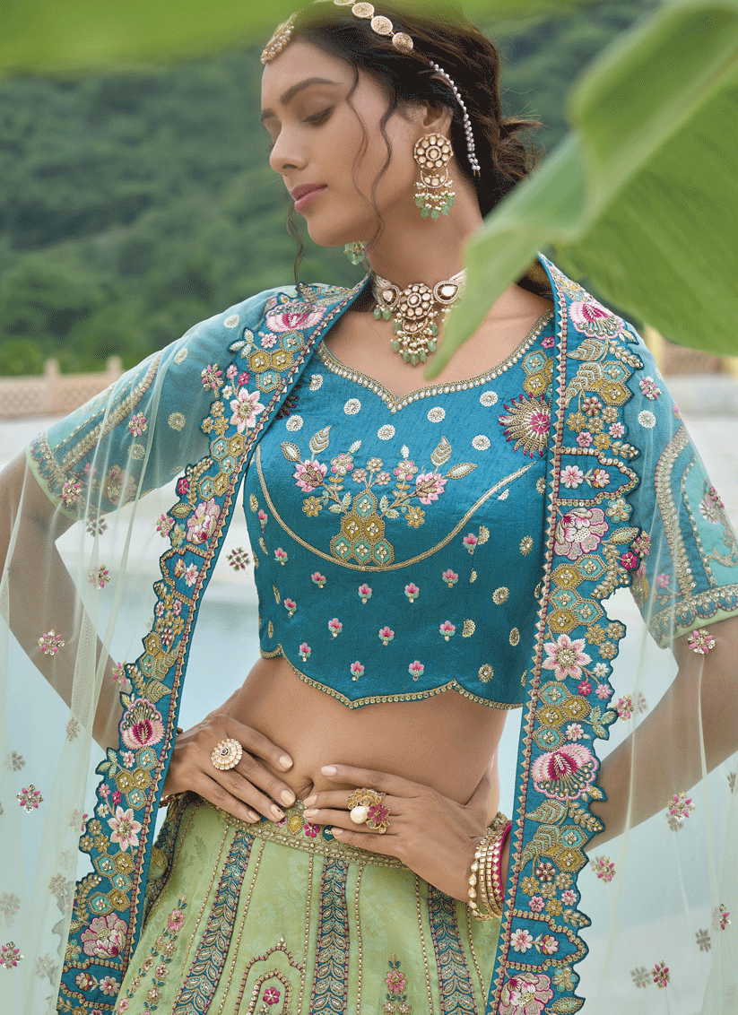 Alluring Mint Green Heavy Embroidered Silk Designer Lehenga Choli