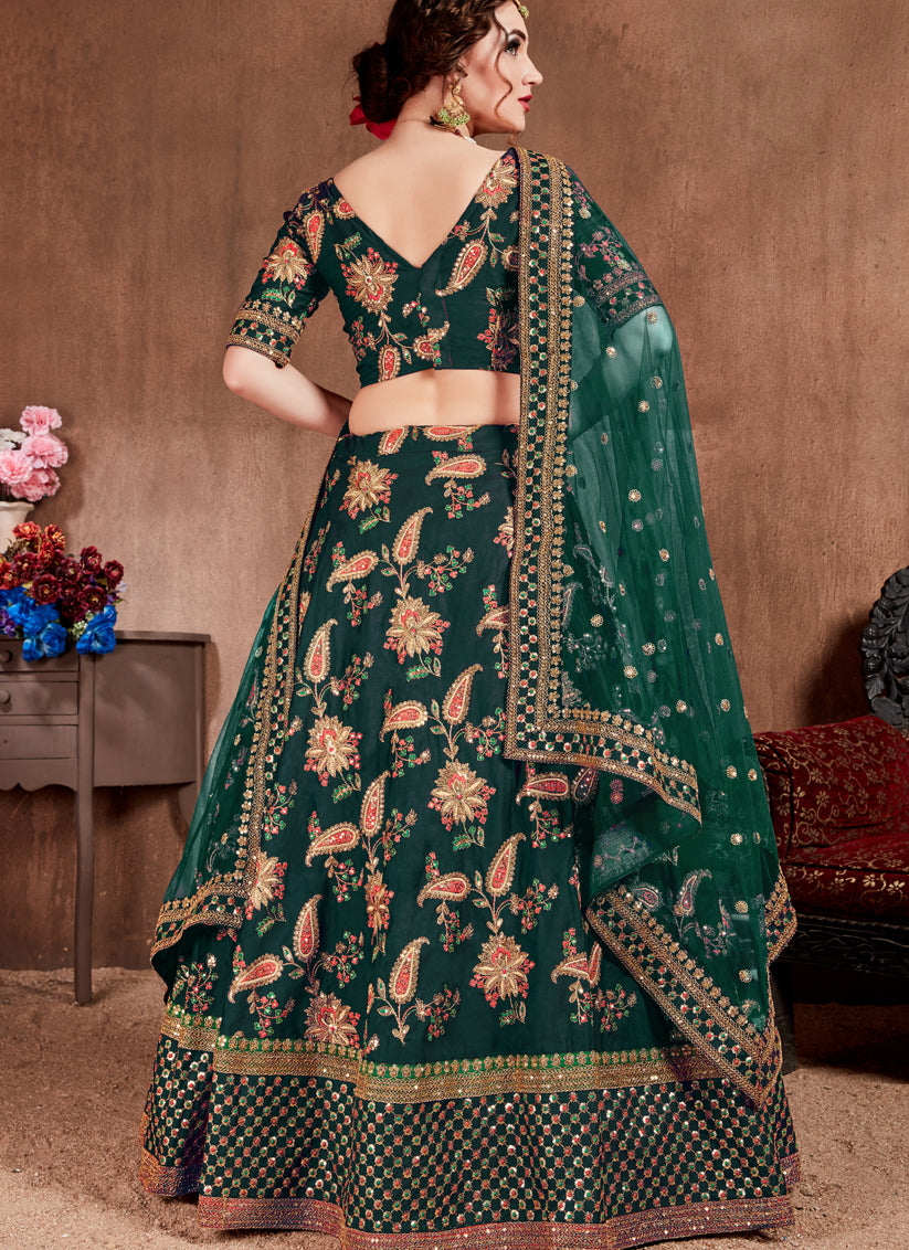 Voguish Dark Green Taffeta Silk Bridal Lehenga Choli
