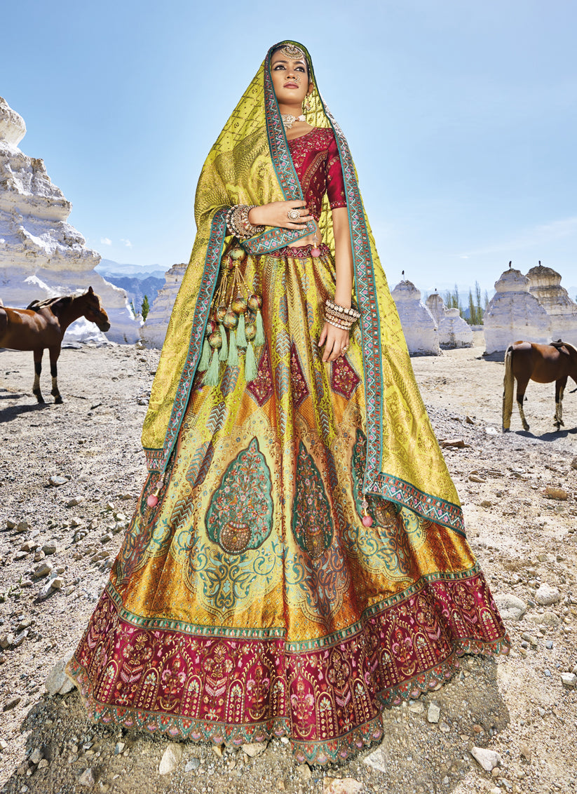 Lime Green Wedding Wear Banarasi Silk Jacquard Lehenga Choli Set