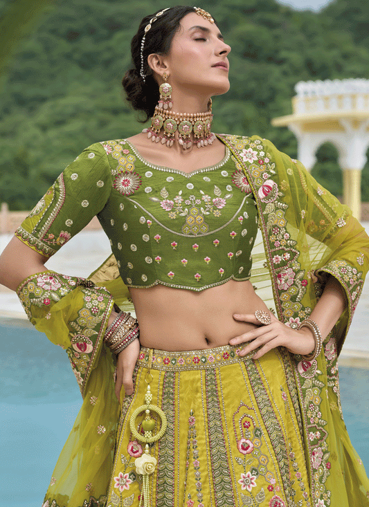 Adorable Lime Yellow Heavy Embroidered Silk Designer Lehenga Choli